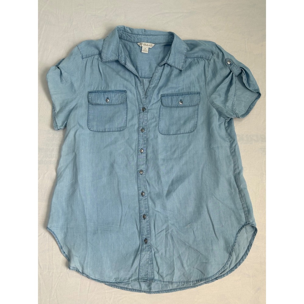 Khakis & Co Womens Light Wash Lyocell Chambray Roll‎ Tab Button Down Shirt M